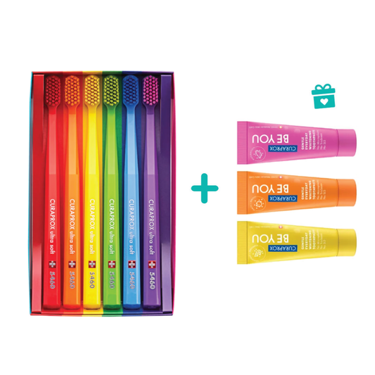 CURAPROX CS 5460 dantų šepetėliai (6 vnt.) + BE YOU dantų pastos mėginėliai (3 vnt.) DOVANŲ!